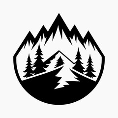 Obraz premium Title: A black and white of tall pine trees and snow-covered mountains with a few small clouds in