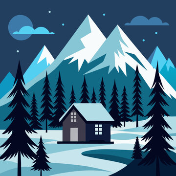 Title: A colorful of a mountain landscape with a dark house and snow-covered peaks