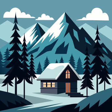 Title: A cozy wooden cabin surrounded by tall pine trees and snow-covered mountains under a clear