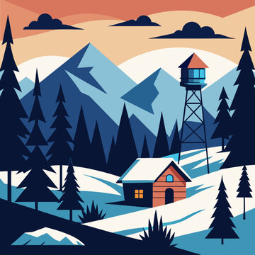 Title: A rustic wooden cabin with a red roof and a tall observation tower set against a backdrop