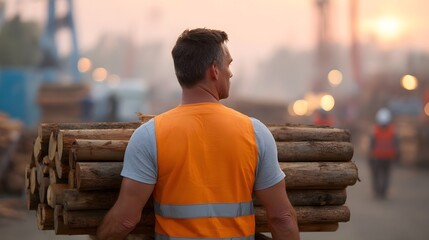 A worker in an orange safety vest carries a heavy stack of logs at a construction site during a misty sunrise