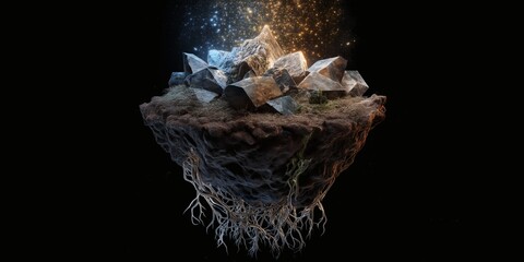 Floating island with crystals, roots, and stardust on a black background.