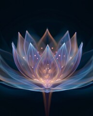 Elegant lotus with glowing specks floating against a dark background.
