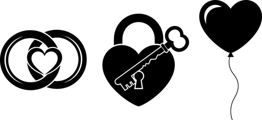 Wedding rings with heart padlock key and heart balloon silhouette