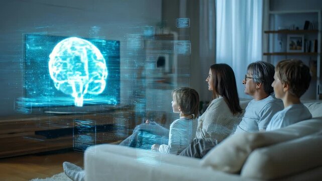 Parents and children enjoy advanced technology as a glowing hologram of a world map appears in front of their TV screen. The scene captures the future of home entertainment and family bonding