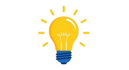 Bright yellow light bulb with blue base and rays of light, symbolizing ideas and creativity isolated on transparent background