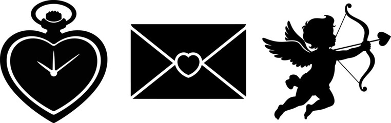 Heart shaped pocket watch, love letter, cupid silhouette flat style