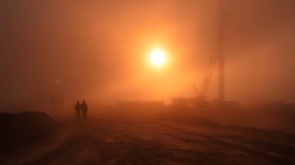 Fototapeta premium Silhouetted workers on a dusty industrial site illuminated by a hazy sun and a large crane