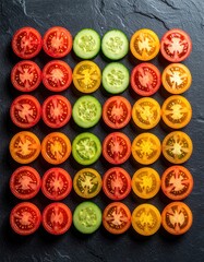Fototapeta premium Colorful Vegetable Medley Composition of Fresh Sliced Tomatoes and Cucumbers on Dark Slate Surface