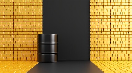 Black Barrel Surrounded by Piles of Gold Bars in Minimalist Setting