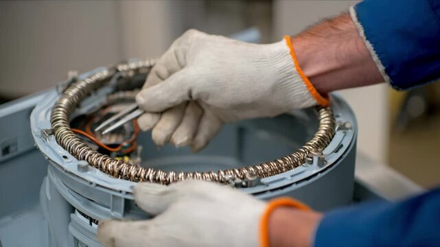Closeup of hands replacing a coiled electric dryer heating element showcasing detailed repair work on malfunctioning appliance parts