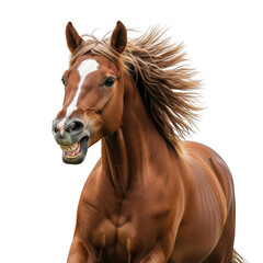 Obraz premium Dynamic portrait of a spirited brown horse isolated on transparent background