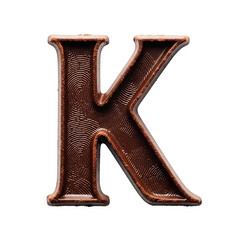 Surrealism macro photograph of a capital letter K made of dark chocolate, isolated on white, showcasing hyper-detailed texture and studio lighting, with copy space