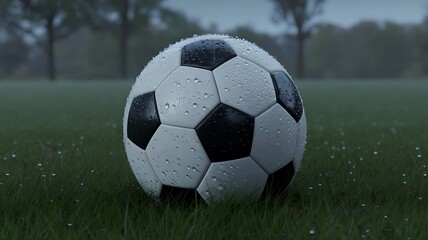 Close up of a classic black and white soccer ball covered completely with fresh raindrops resting motionless on wet green grass during a dreary downpour