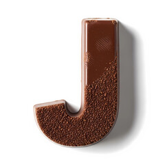 Surrealism macro photograph of a capital letter J made of dark chocolate, isolated on white, showcasing hyper-detailed texture and studio lighting, with copy space