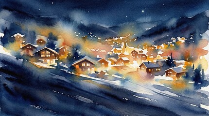 Watercolor painting showing snowy mountain village with warm glowing lights at night. Cozy winter atmosphere evokes peace. Ideal for holiday cards and artistic backgrounds.