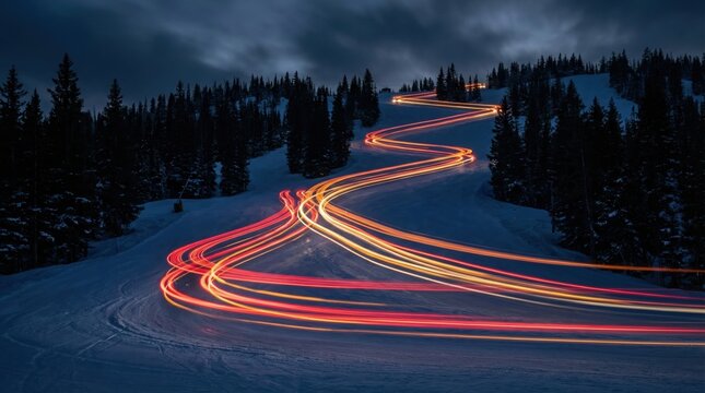 Long exposure view capturing red and yellow light trails winding down a snowy mountain road at night. Atmospheric winter landscape with pine trees suitable for travel and transport concepts. - Powered by Adobe