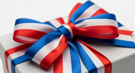 Close-up of a white gift box adorned with a striped red, white, and blue ribbon bow, representing celebration, patriotism, or festive occasion