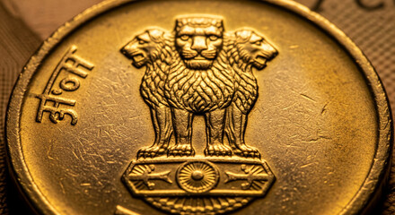 Macro of bronze coin with lion emblem, representing national identity, economy and currency, or wealth, suitable for finance or patriotic concept