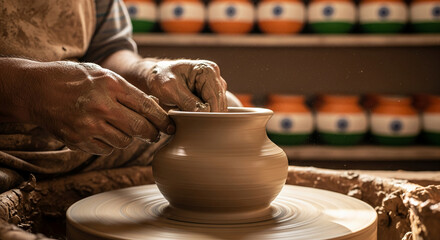 Close-up of hand shaping clay into a pot on spinning wheel, pottery craft. Symbolizes creation, art, and culture. Background pottery blurred