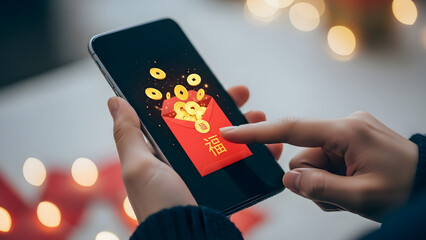 Close-up of hand tapping smartphone screen with digital red envelope and golden coins for Lunar New Year gifting concept and online prosperity