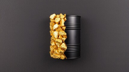 Black Barrel Surrounded by Shiny Golden Rocks on Dark Background