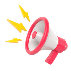 Red megaphone with lightings isolated. Close up breaking news metaphor, disclosure of information concept. 3d rendering.