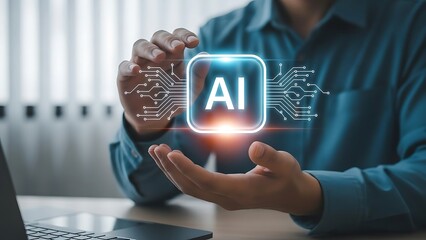 Businessman interacting with futuristic AI interface in modern office