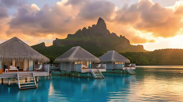 Cinematic Travel Video of Overwater Villas in Bora Bora Lagoon at Sunset
