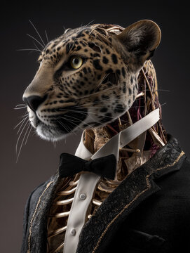 Leopardo con lo smoking che rivela strutture anatomiche sotto il tessuto. Moda come dissezione, illuminazione sterile della galleria, installazione artistica couture radicale, surrealismo.