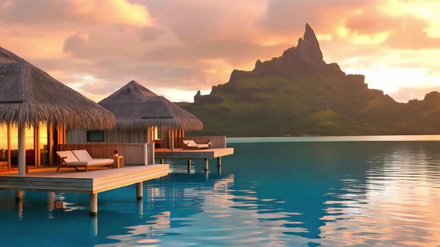 Cinematic Travel Video of Overwater Villas in Bora Bora Lagoon at Sunset