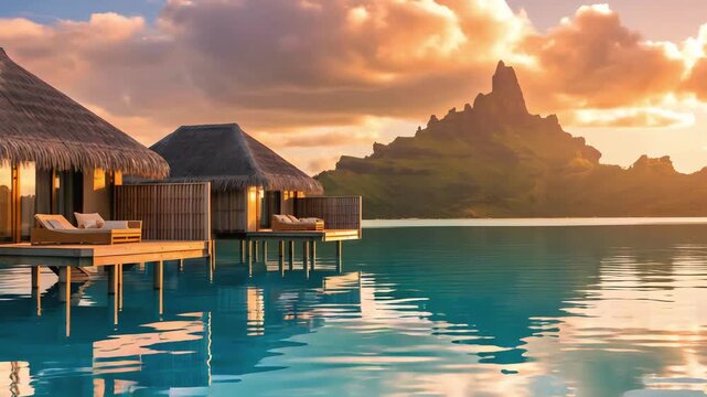 Cinematic Travel Video of Overwater Villas in Bora Bora Lagoon at Sunset