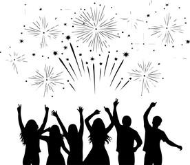 Happy New Year Celebration Silhouette with Fireworks and Party Crowd