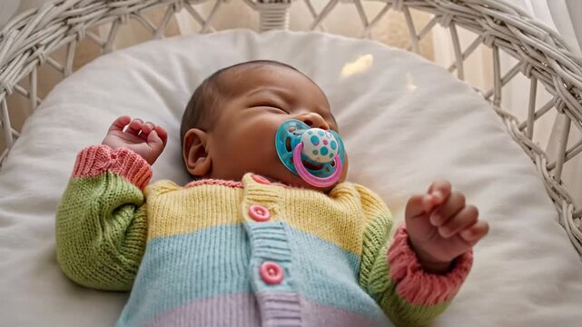A serene video of a sleeping baby with a pacifier in a wicker bassinet