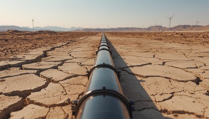 A long pipeline stretches across a dry, cracked earth landscape with wind turbines in the distance under a clear sky