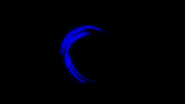 Abstract blue glowing curved light trail rotating on black background motion loop