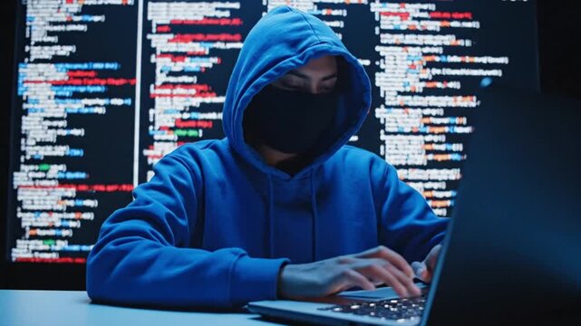 A hooded hacker in a dark room working on a laptop with code on the screen in a video about cybersecurity