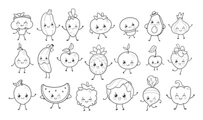 Vector illustration of cute fruits and vegetables with smiling faces. Flat isolated food object collection in line art.