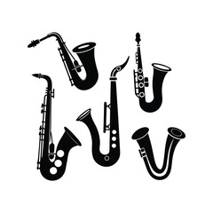 Silhouette of various saxophones on white background