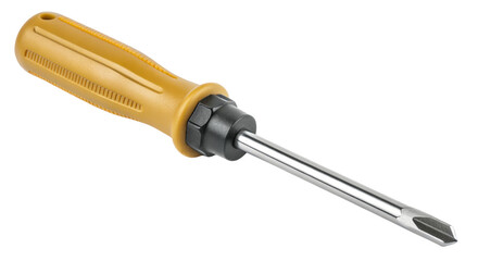 Yellow handled screwdriver with black tip on transparent background
