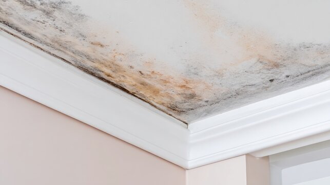 Water-stained ceiling corner with visible moisture damage and mold growth. Interior home problem caused by roof leak, humidity and poor insulation. Property maintenance and repair concept