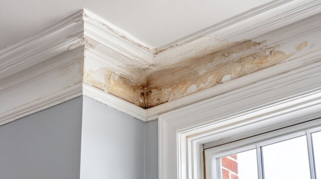 Close-up of ceiling plaster damaged by roof leak. Brown water stains, peeling paint and damp surface showing long-term moisture issues inside residential building