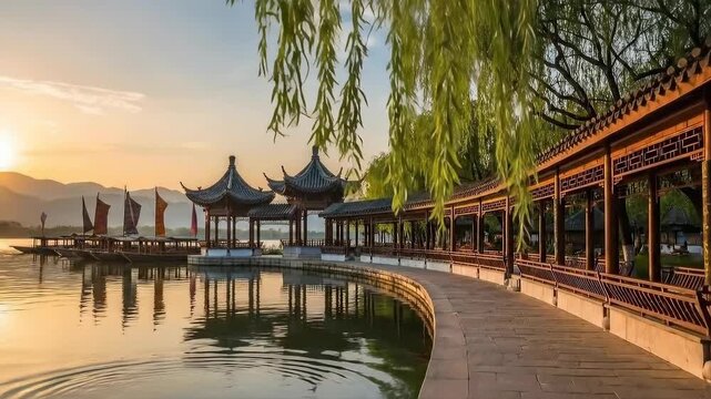 Majestic lakeside pavilion at sunset: a tranquil waterside path journey