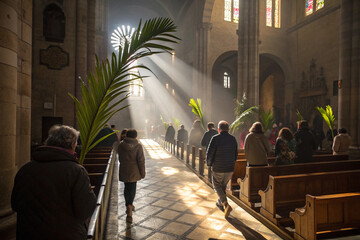 People Holding Palms in Church Procession Symbolizing Welcoming