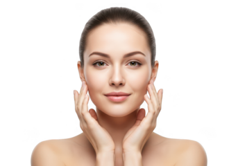 Beautiful woman touching her face with clean skin isolated on transparent background