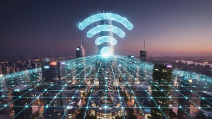 A dynamic digital grid connects illuminated skyscrapers in an urban environment at dusk, signifying advanced connectivity and futuristic technology. - Powered by Adobe