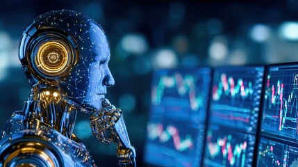 Futuristic Robot Analyzing Stock Market Data on Multiple Screens