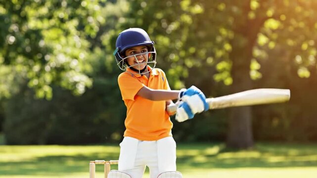 A young boy playing cricket on a sunny day with a bat and ball in a green field