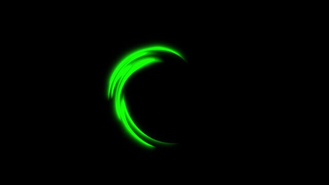 Abstract green glowing curved light trail rotating on black background motion loop