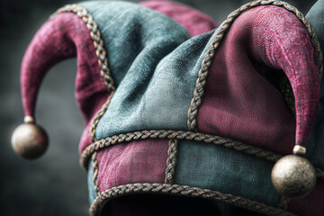 Jester hat symbolizing Mardi Gras carnival, festive celebration concept with colorful costume accessory representing fun, tradition, party atmosphere and cultural festival